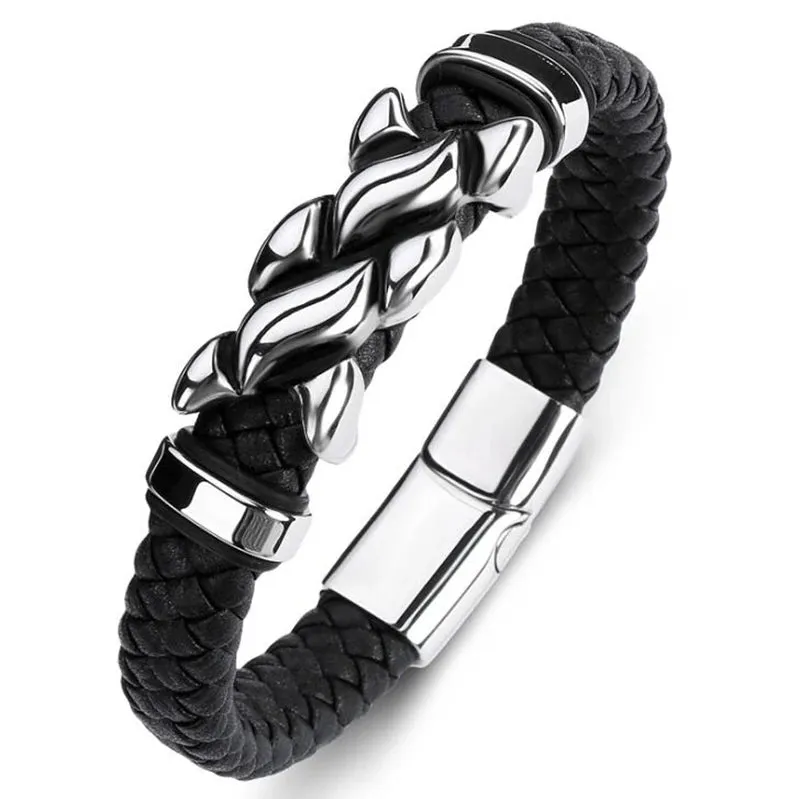 Men's Fashion Classic Black Woven Leather Inlaid Cross Magnetic Hidden Safety Buckle Business Casual Gift Bracelet