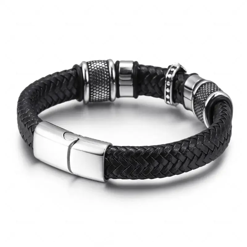 Men's Fashion Classic Black Woven Leather Inlaid Cross Magnetic Hidden Safety Buckle Business Casual Gift Bracelet