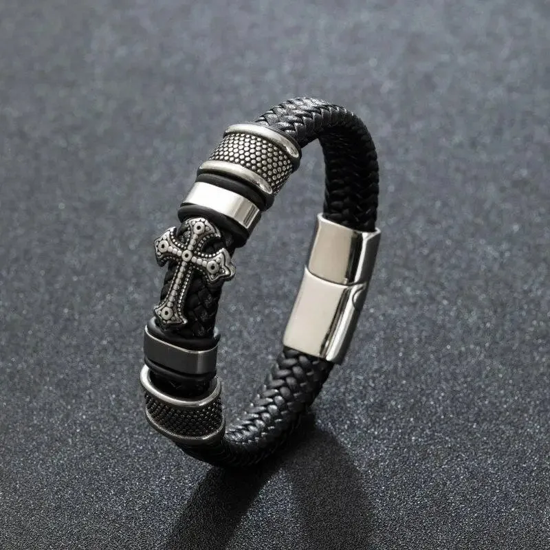 Men's Fashion Classic Black Woven Leather Inlaid Cross Magnetic Hidden Safety Buckle Business Casual Gift Bracelet