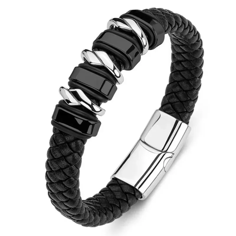 Men's Fashion Classic Black Woven Leather Inlaid Cross Magnetic Hidden Safety Buckle Business Casual Gift Bracelet