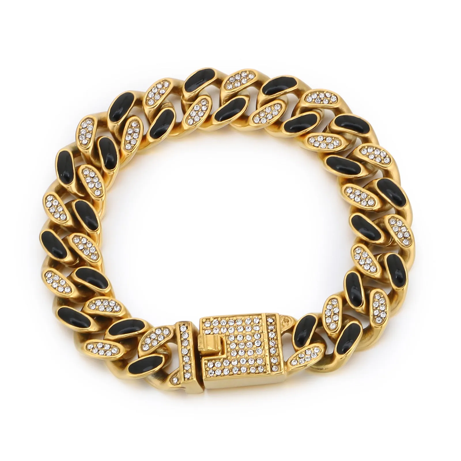 Men's Gold & Black Cuban Link Titanium Stainless Steel Bracelet - Crystal Accents