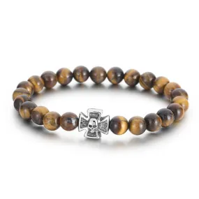 Men's Matte Black Agate and Turquoise Tiger's Eye Skull Bracelet with Titanium Steel Beads