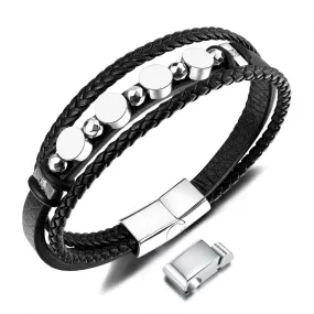 Men's Multi-Strand Leather Bracelet with Stainless Steel Discs – Modern Design, Magnetic Clasp