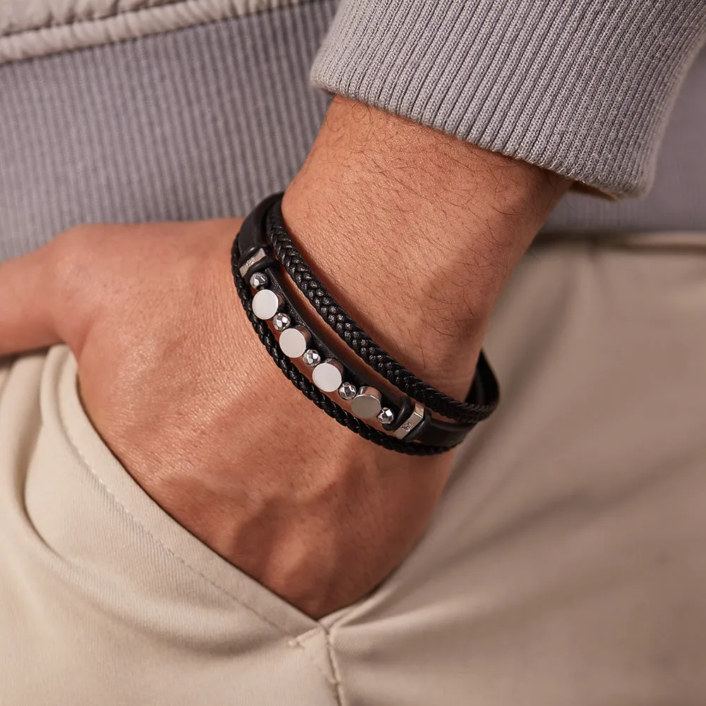 Men's Multi-Strand Leather Bracelet with Stainless Steel Discs – Modern Design, Magnetic Clasp