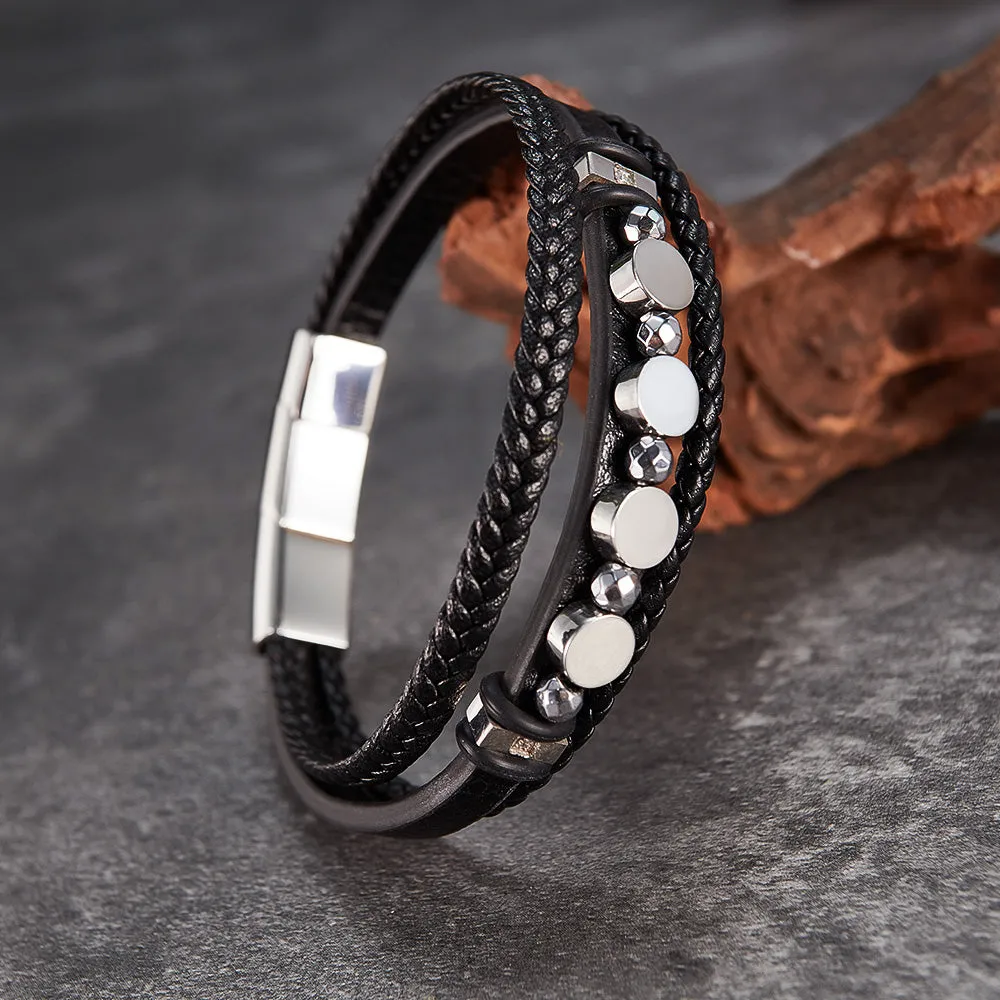 Men's Multi-Strand Leather Bracelet with Stainless Steel Discs – Modern Design, Magnetic Clasp