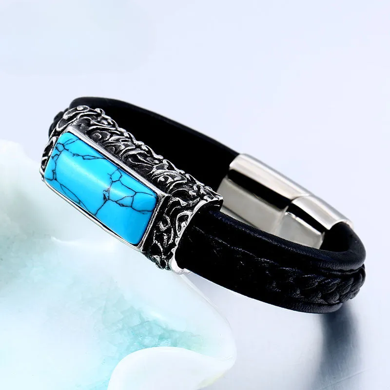 Men's Retro Titanium Steel and Turquoise Leather Bracelet - Customizable Statement Accessory