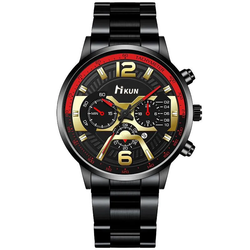 Men's Steel Strap Watch Fake Three Eyes with Calendar Double Scale Quartz Watch Men's