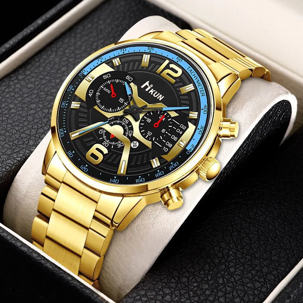 Men's Steel Strap Watch Fake Three Eyes with Calendar Double Scale Quartz Watch Men's