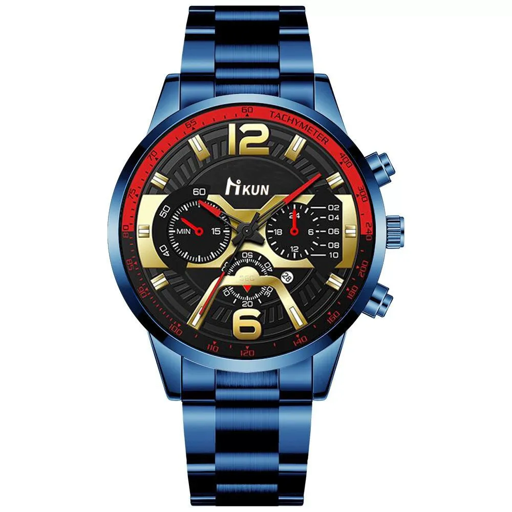 Men's Steel Strap Watch Fake Three Eyes with Calendar Double Scale Quartz Watch Men's