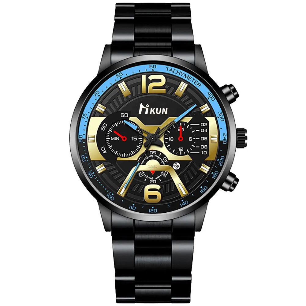 Men's Steel Strap Watch Fake Three Eyes with Calendar Double Scale Quartz Watch Men's