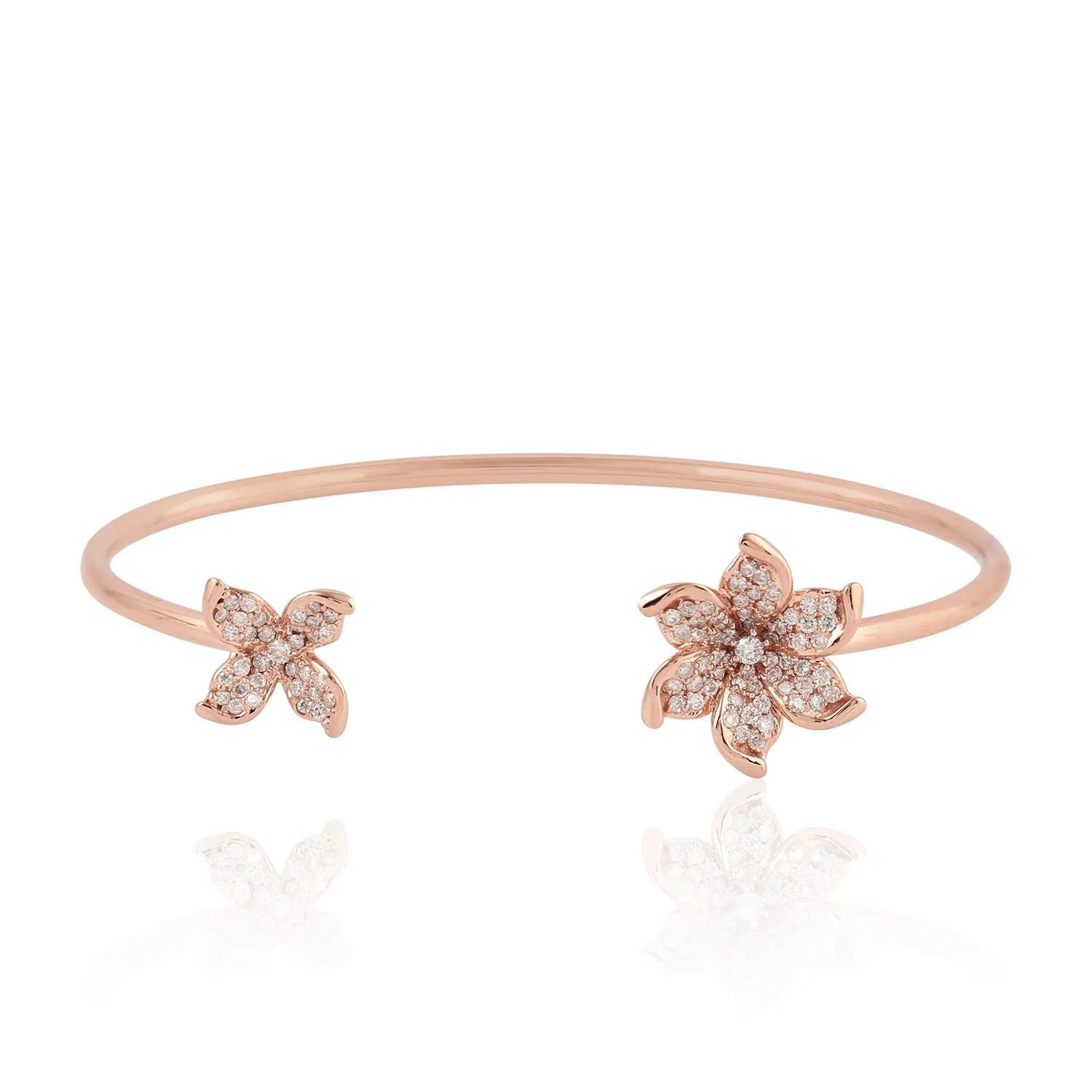 Micro Pave Diamond Daisy Design Open Cuff Elegant 18k Rose Gold Bracelet