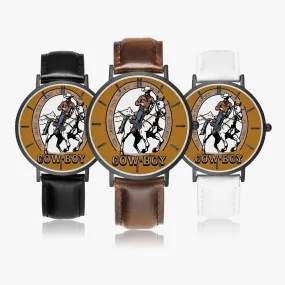 Montre à Quartz avec bracelet en cuir ultra-fin (noir avec indicateurs) "Legend of Cow-boy" (163)