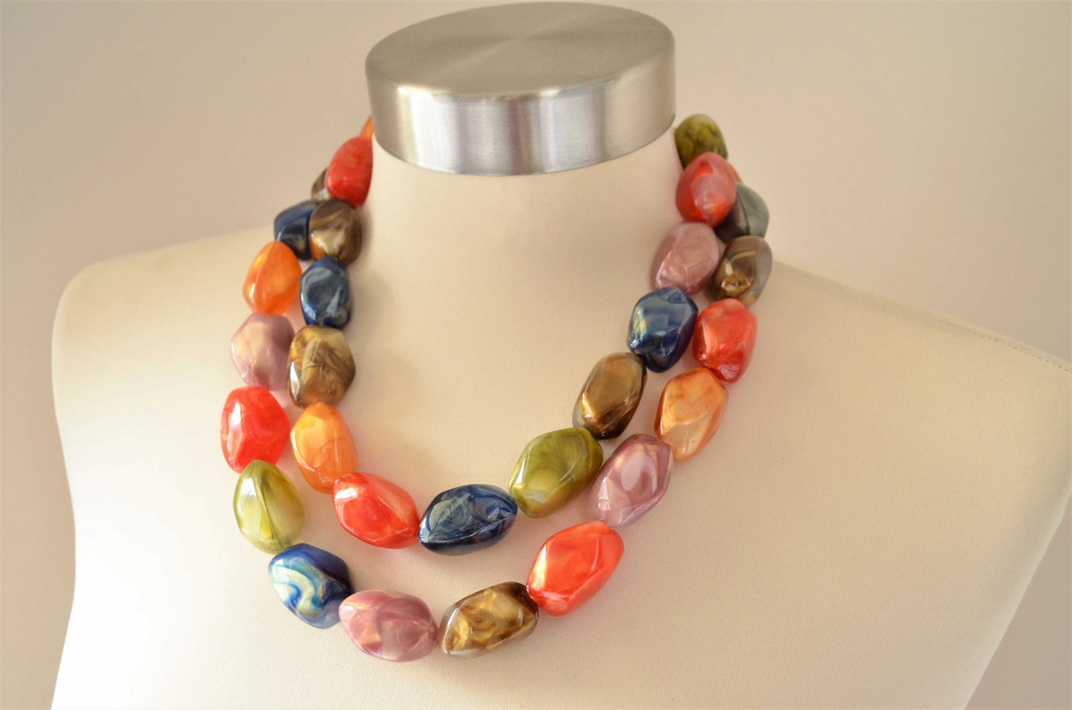 Multi Color Statement Chunky Acrylic Lucite Multi Strand Necklace - Penelope