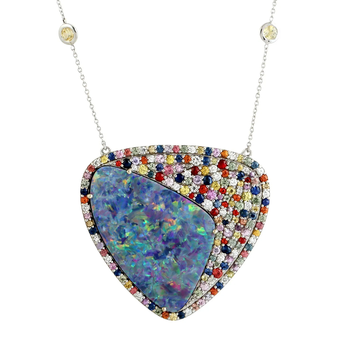 Multi Sapphire Opal Doublet Micro Pave Diamond 18K White Gold Princess Necklace Jewelry