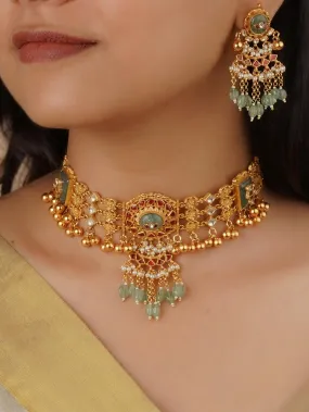 Multicolor Gold Plated Jadau Kundan Necklace Set - MS2140YR