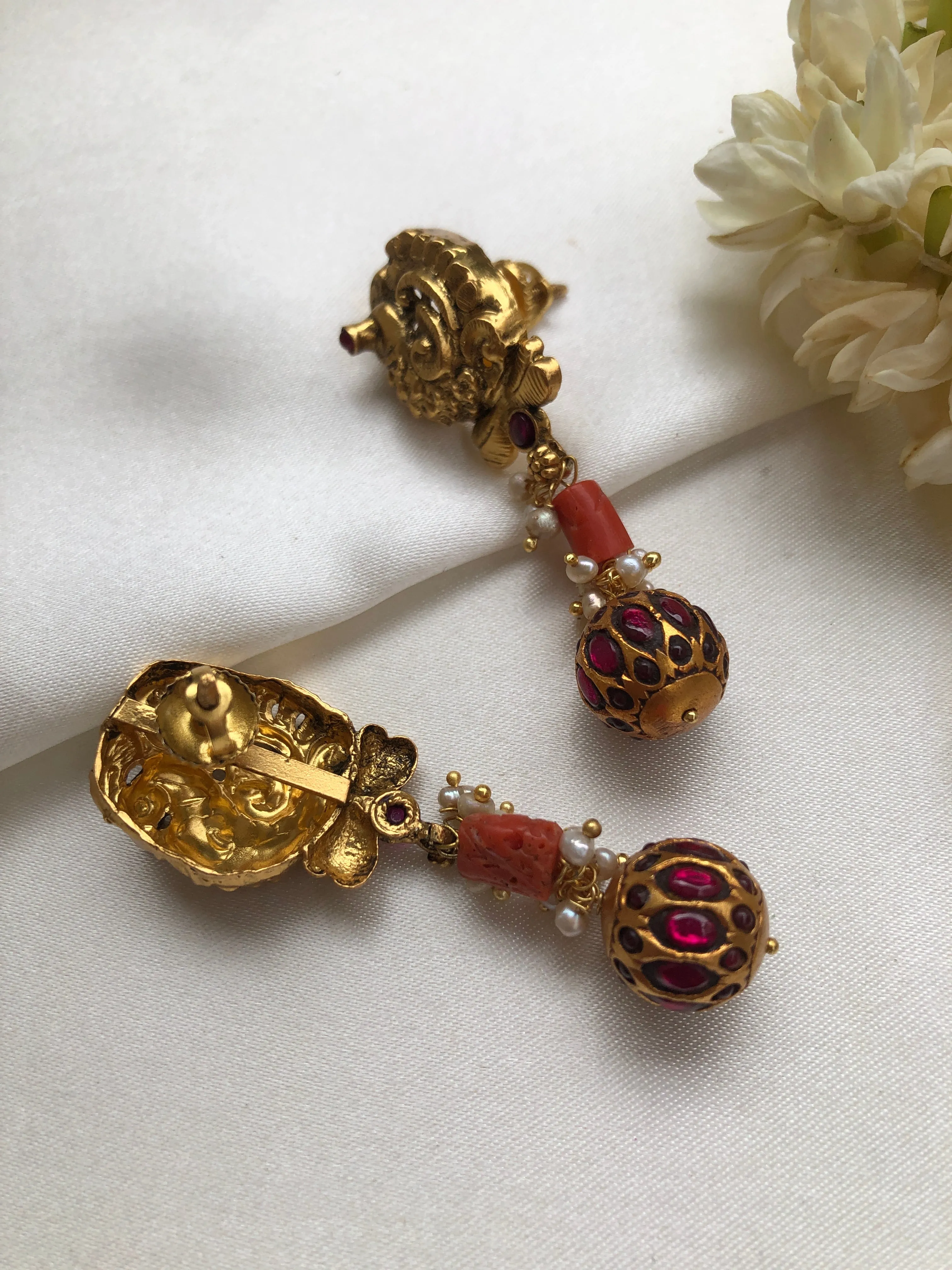 Nakash earrings with coral & kundan ruby bead drop