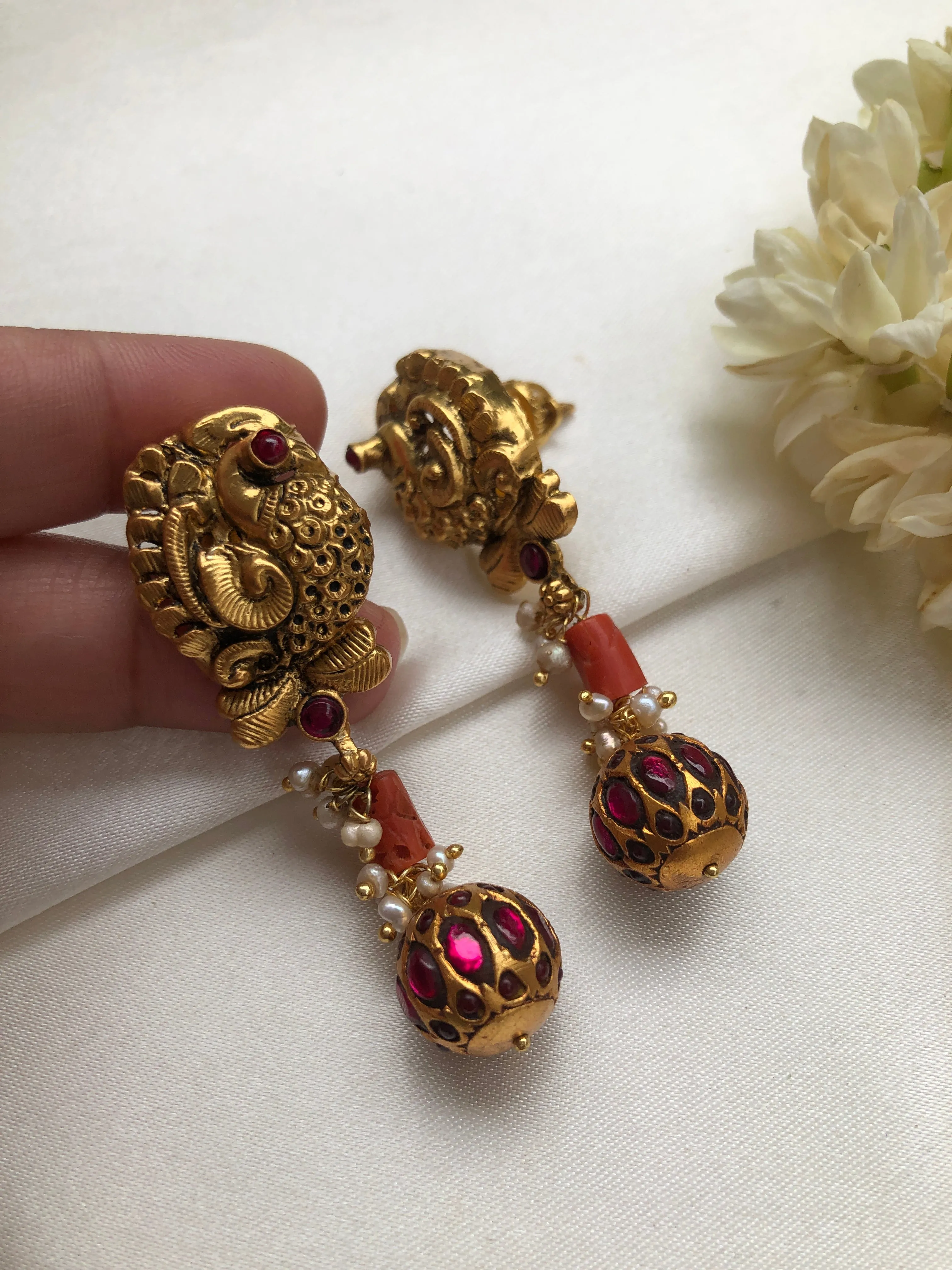 Nakash earrings with coral & kundan ruby bead drop