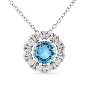 Natural Blue Topaz Round Halo Pendant Necklace