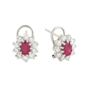 Natural Oval Ruby Pave Diamond Designer Earrings Clip On 18K White Gold