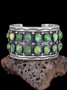 Navajo Sonoran Gold Turquoise Row Sterling Silver Cuff Bracelet