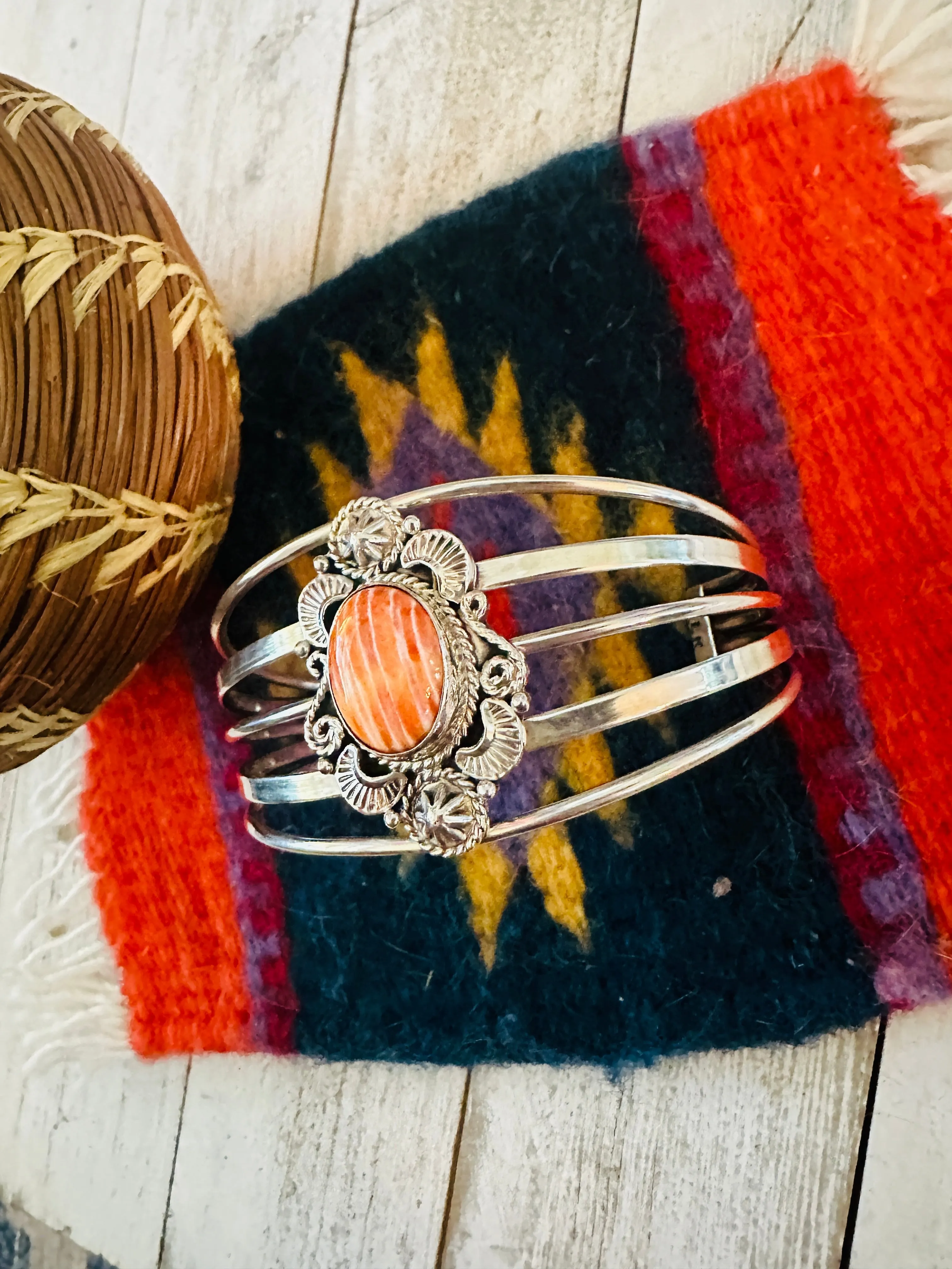 Navajo Sterling Silver & Orange Spiny Oyster Cuff Bracelet