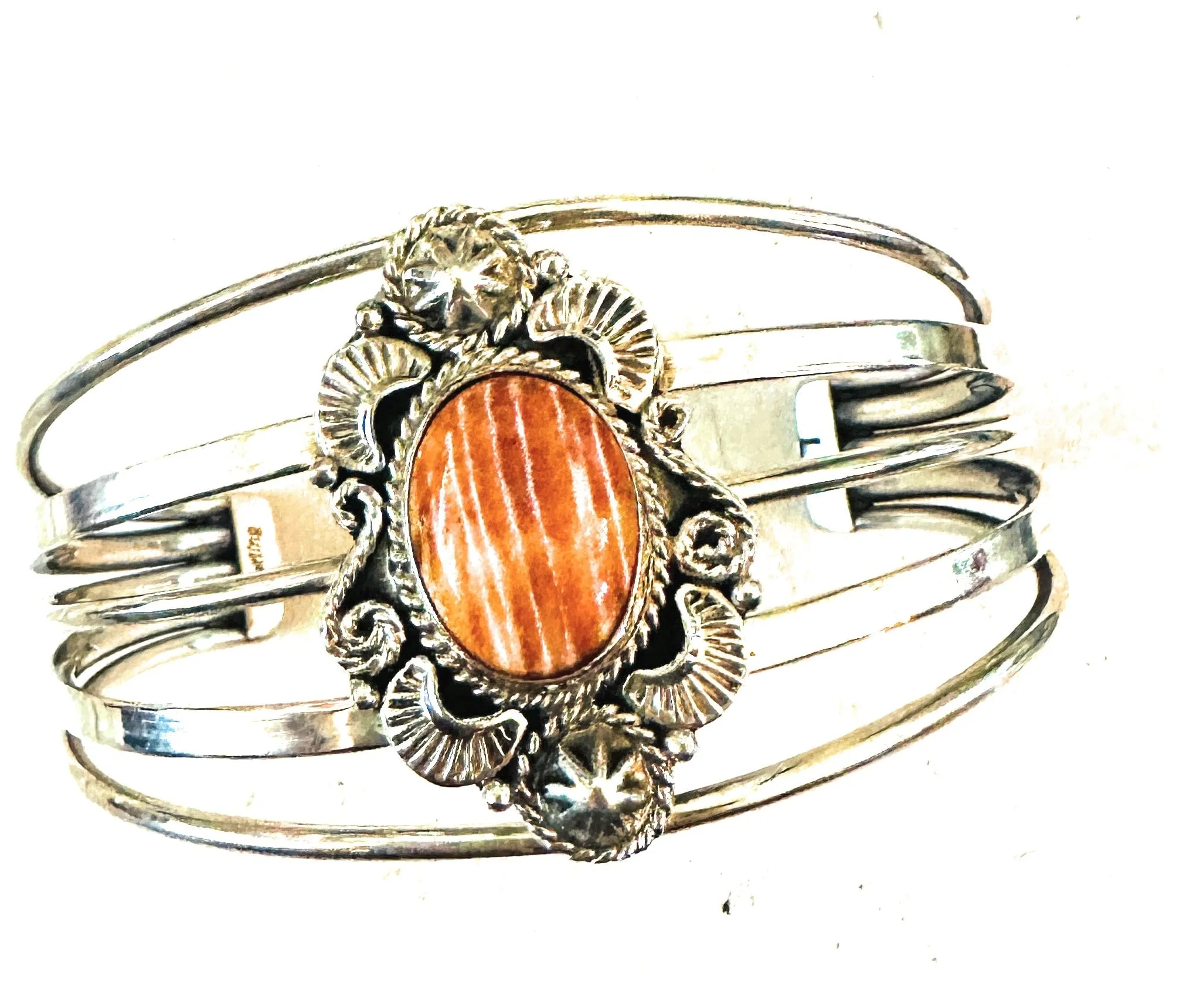 Navajo Sterling Silver & Orange Spiny Oyster Cuff Bracelet