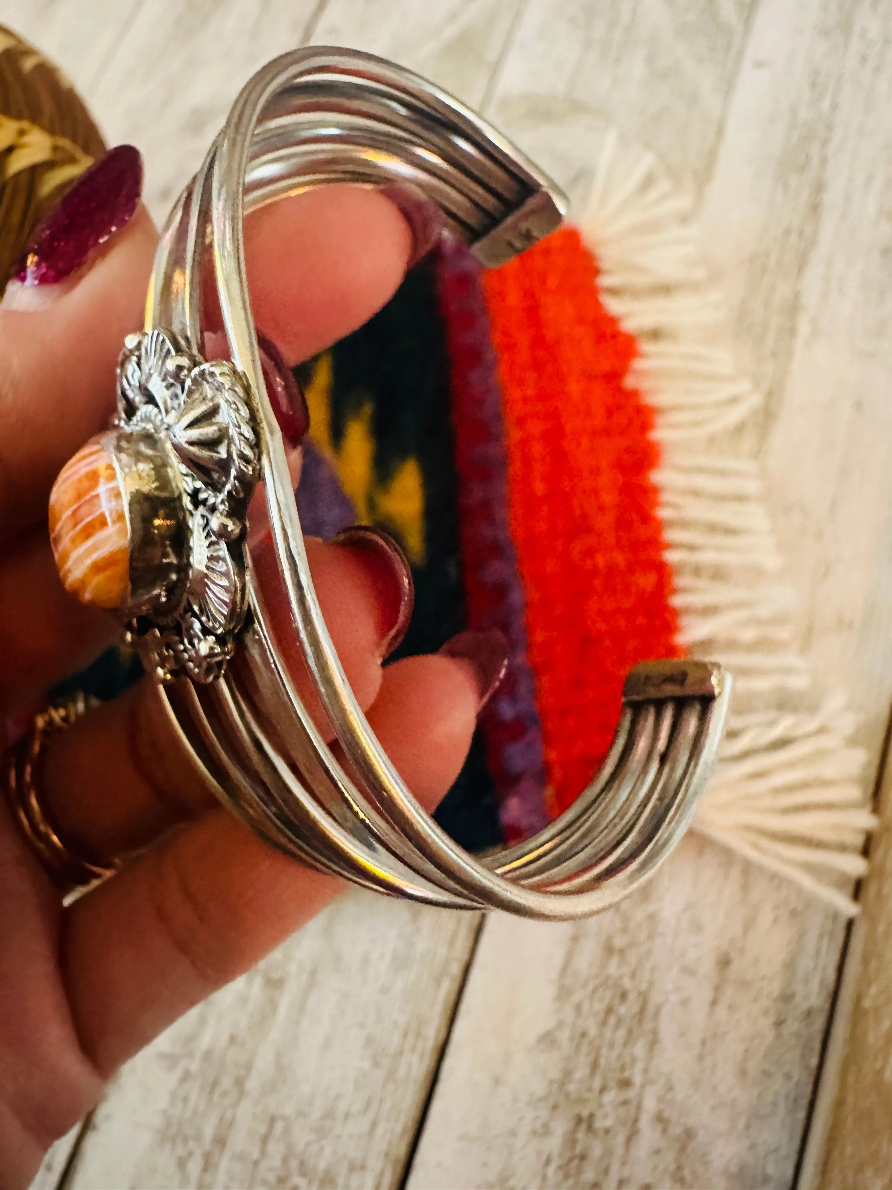 Navajo Sterling Silver & Orange Spiny Oyster Cuff Bracelet