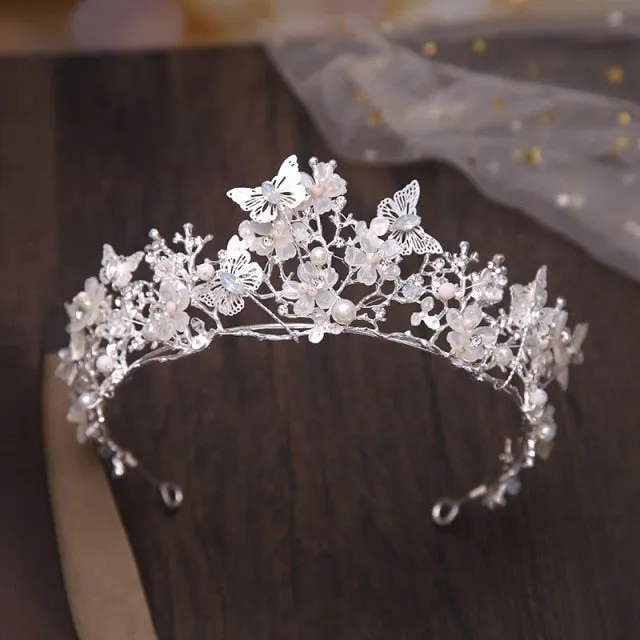 New Silver or Gold Style Crystal and Pearl Beaded Butterfly Theme Tiara - can be purchased with Necklace and Earrings