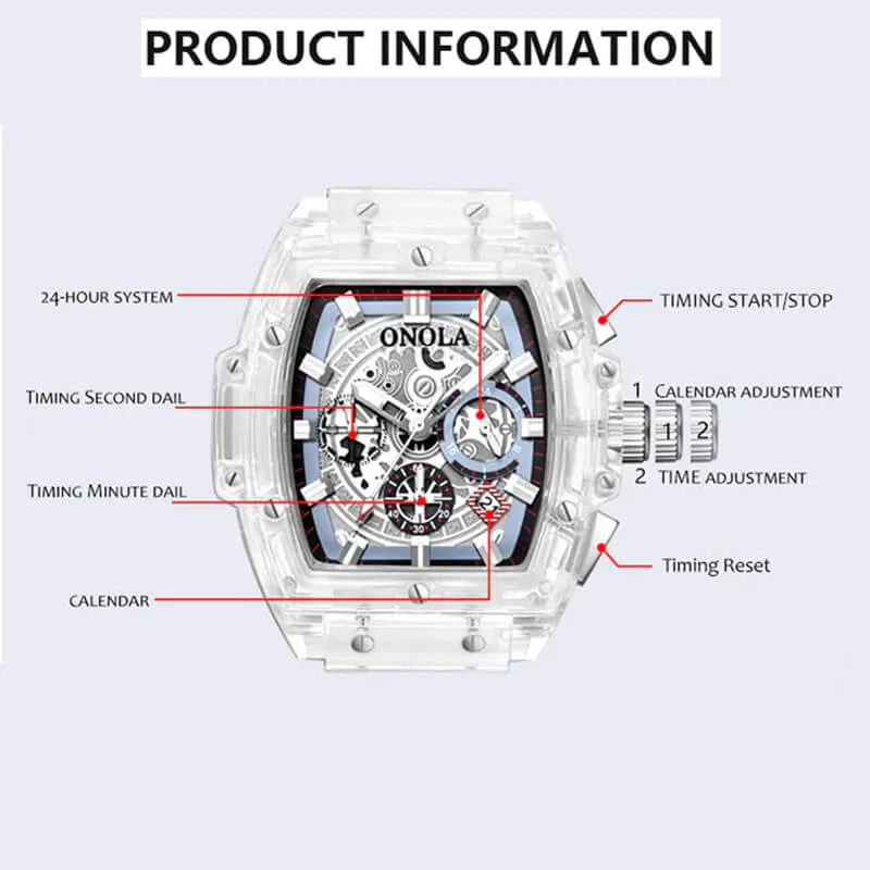 ONOLA Barrel Shaped Transparent Watch for Men 50mm Waterproof