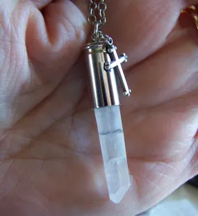 Opal Aura Quartz Crystal Silver Cross Bullet Jewelry Pendant