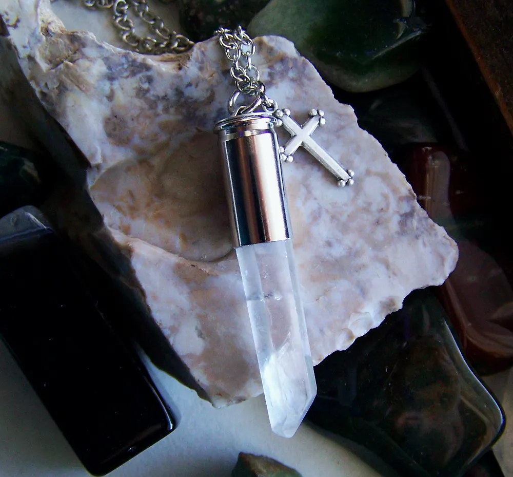 Opal Aura Quartz Crystal Silver Cross Bullet Jewelry Pendant