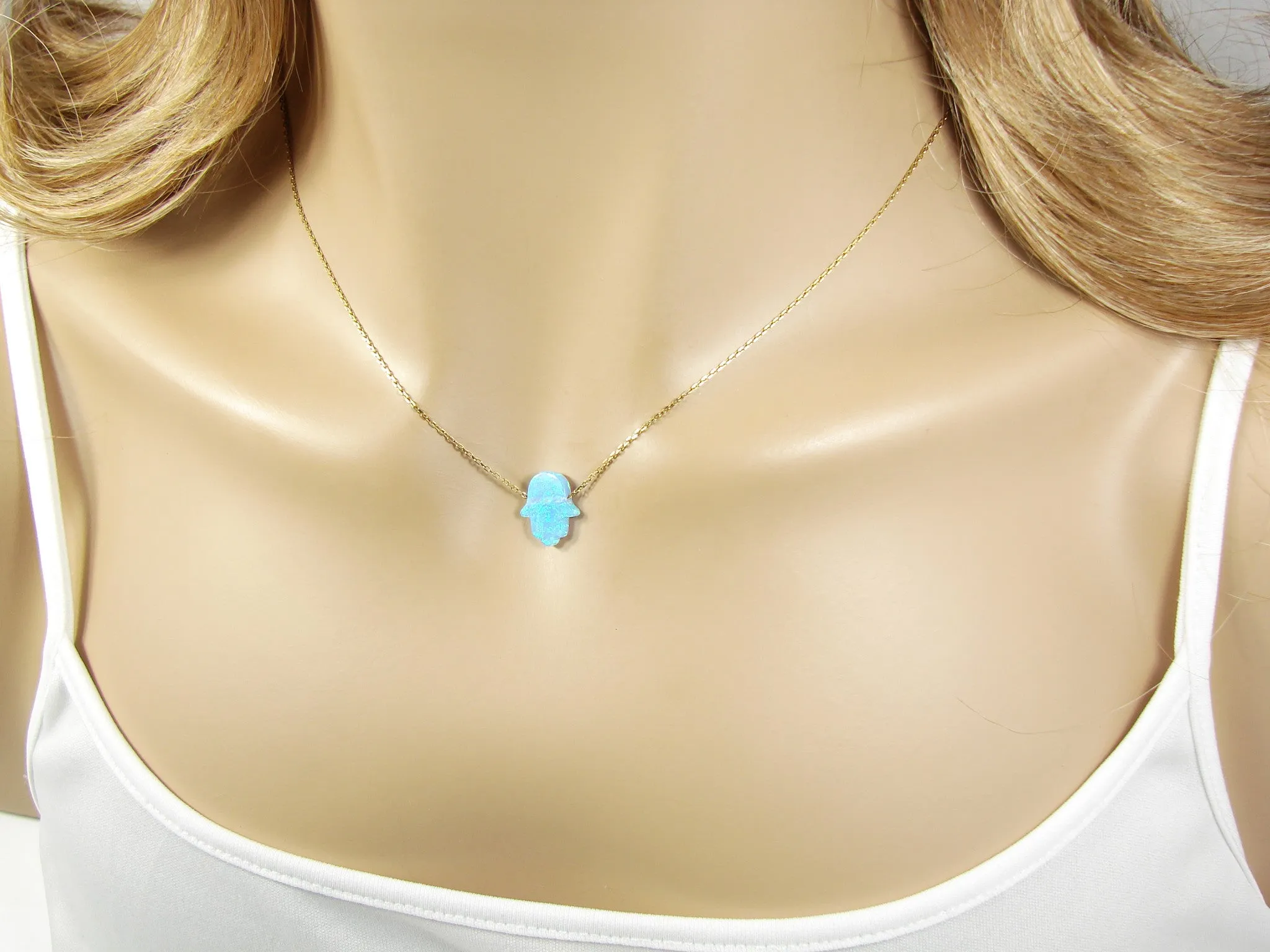 Opal Hamsa Hand Necklace Gold Plated 925 Sterling Silver Chain