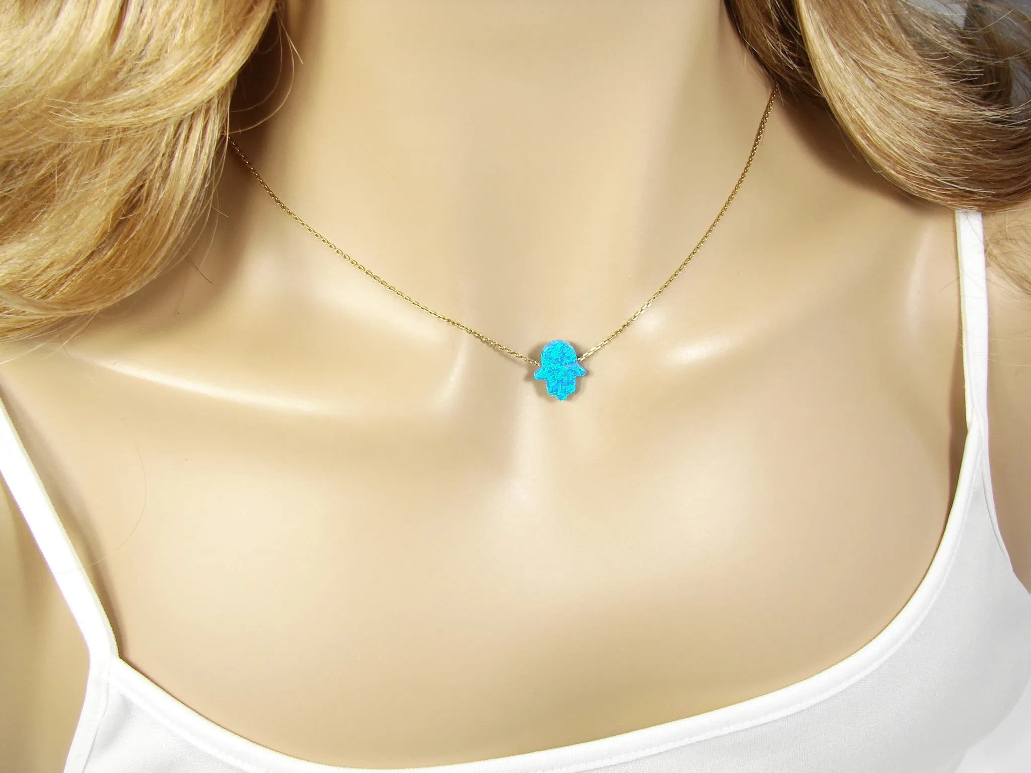 Opal Hamsa Hand Necklace Gold Plated 925 Sterling Silver Chain