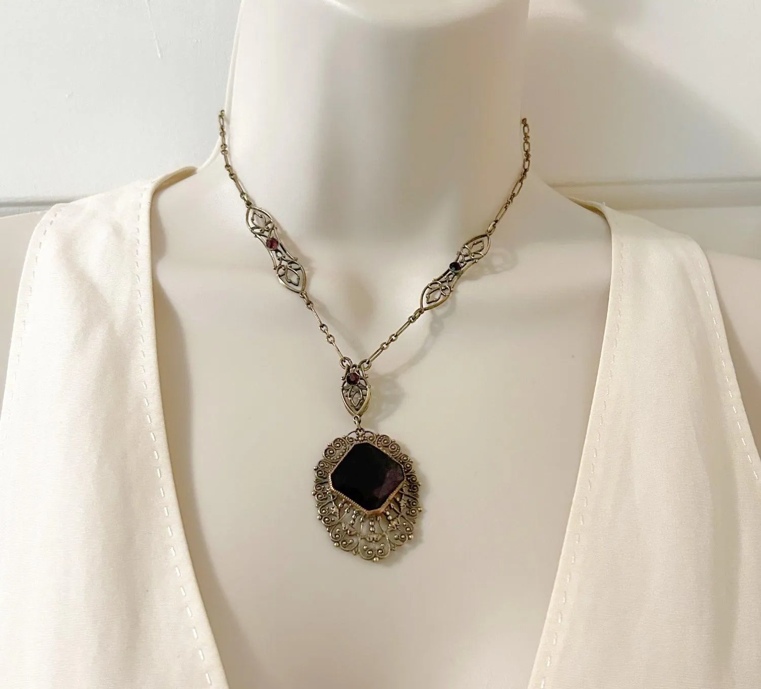 Outstanding Purple Stone and Vintage Filigree Necklace