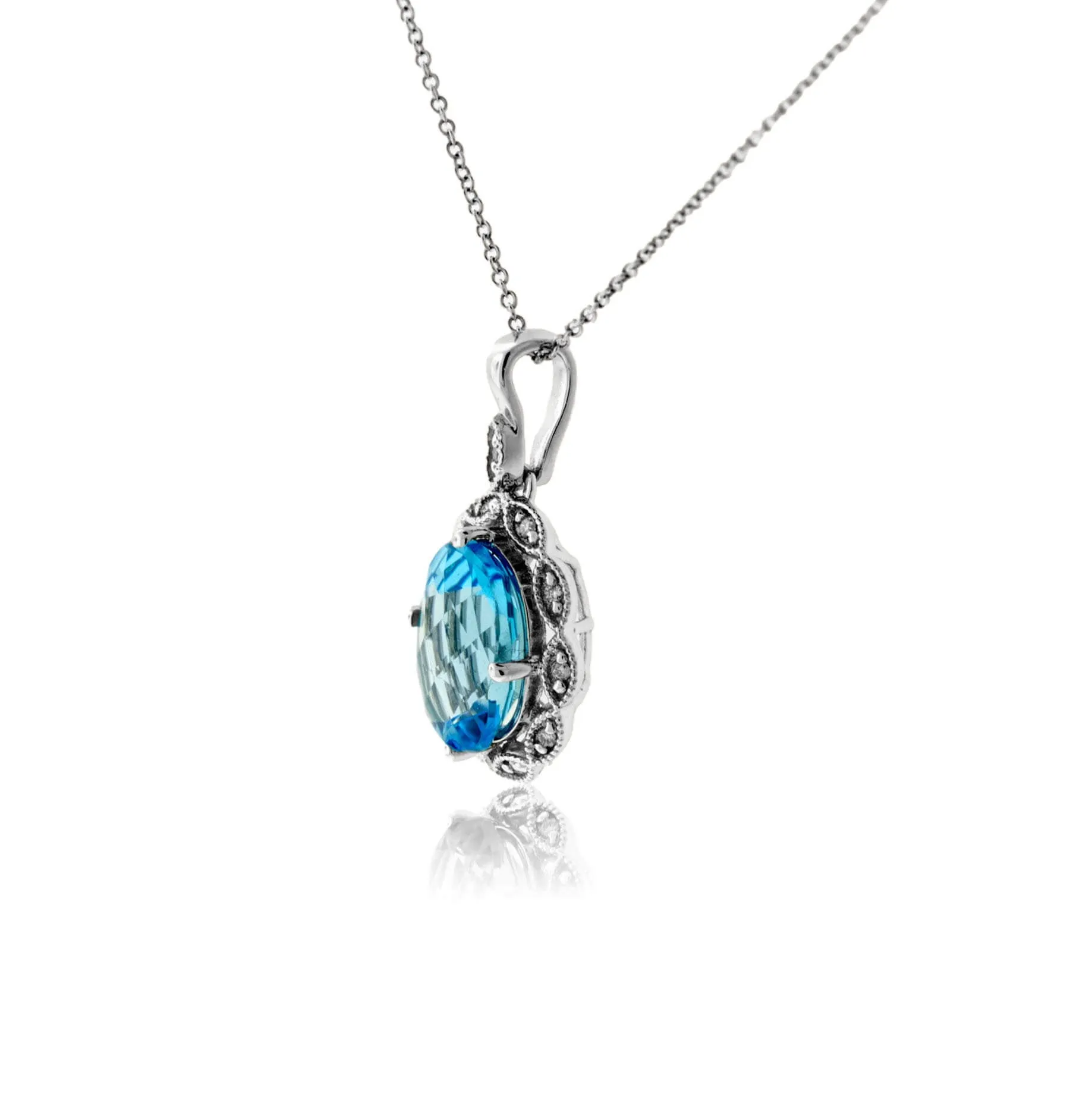 Oval Blue Topaz & Diamond Scalloped Halo Pendant