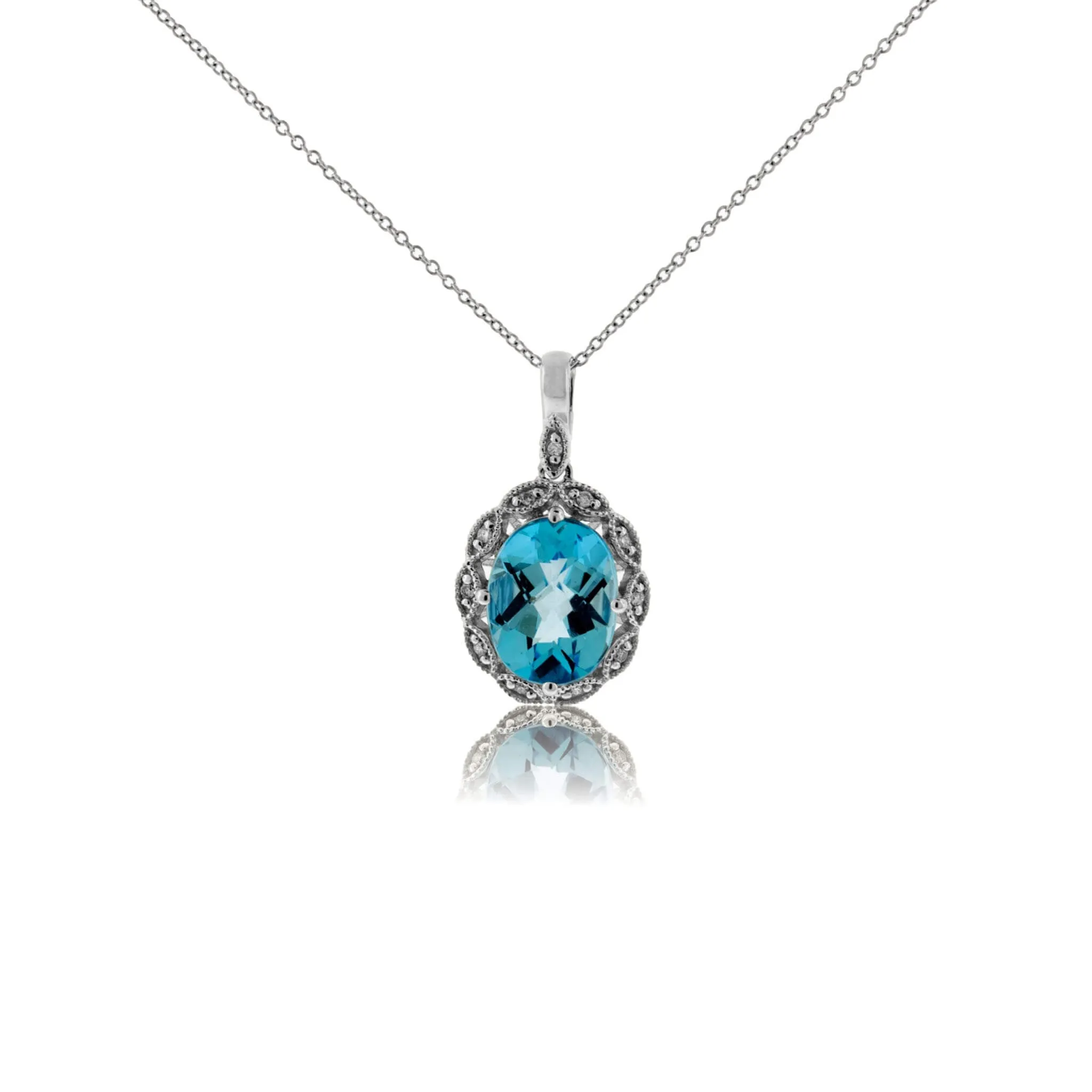 Oval Blue Topaz & Diamond Scalloped Halo Pendant