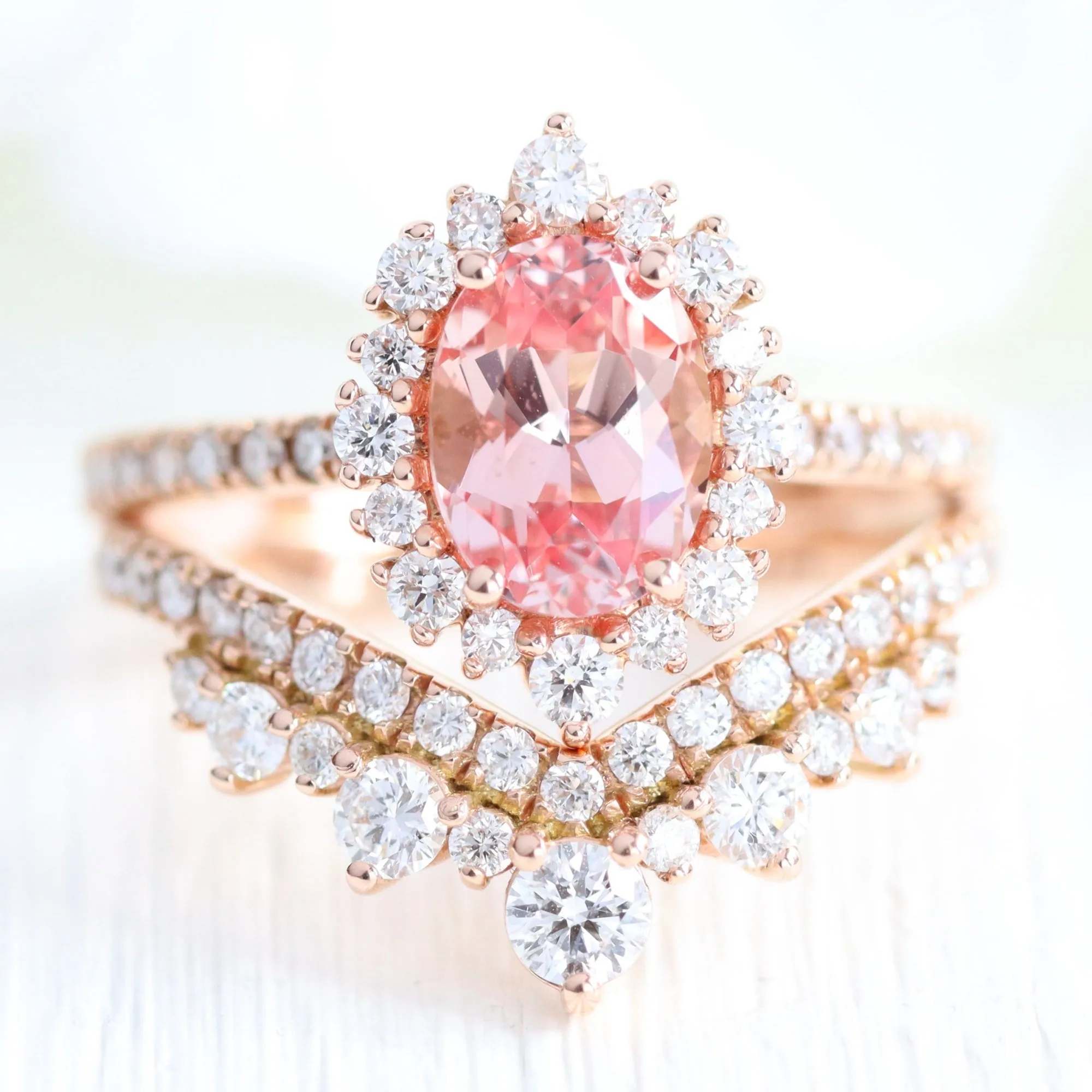 Oval Champagne Peach Sapphire Ring in Tiara Halo Diamond Pave Band