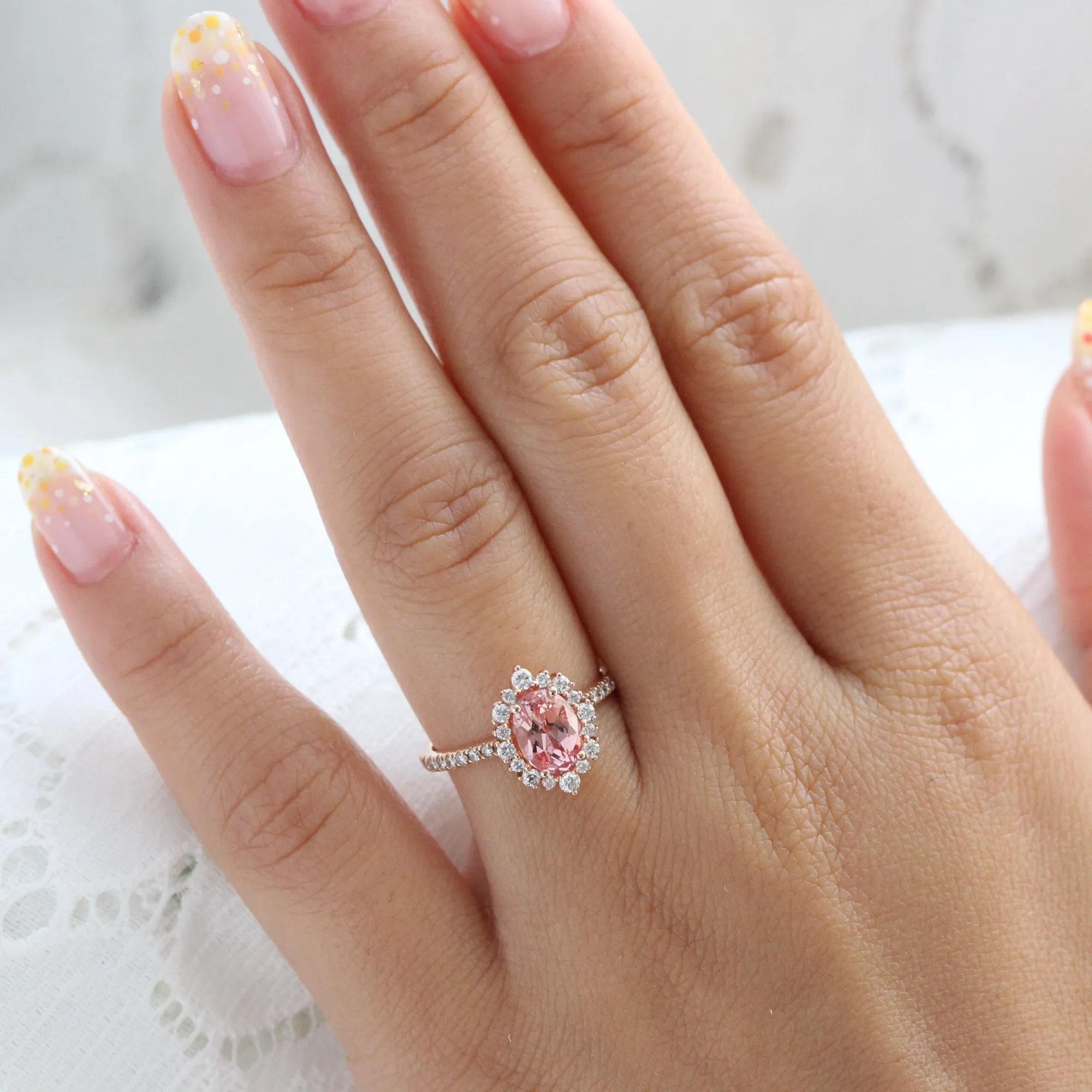 Oval Champagne Peach Sapphire Ring in Tiara Halo Diamond Pave Band