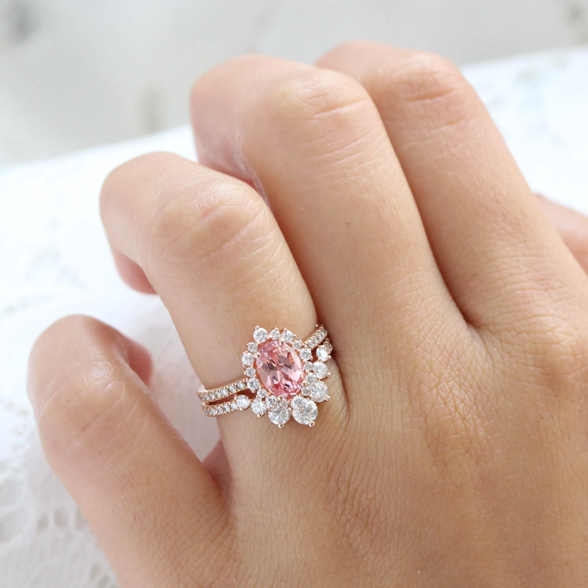 Oval Champagne Peach Sapphire Ring in Tiara Halo Diamond Pave Band