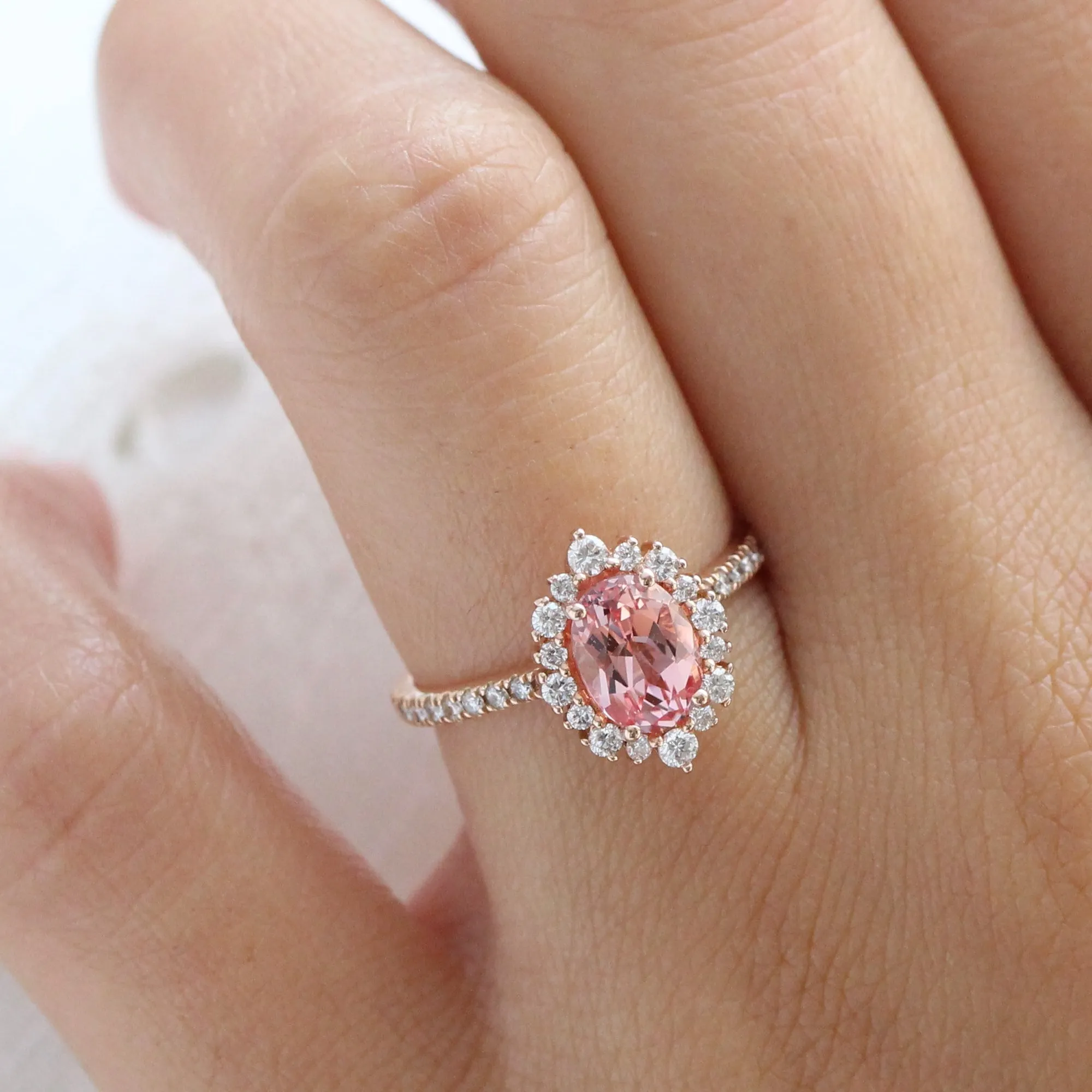 Oval Champagne Peach Sapphire Ring in Tiara Halo Diamond Pave Band