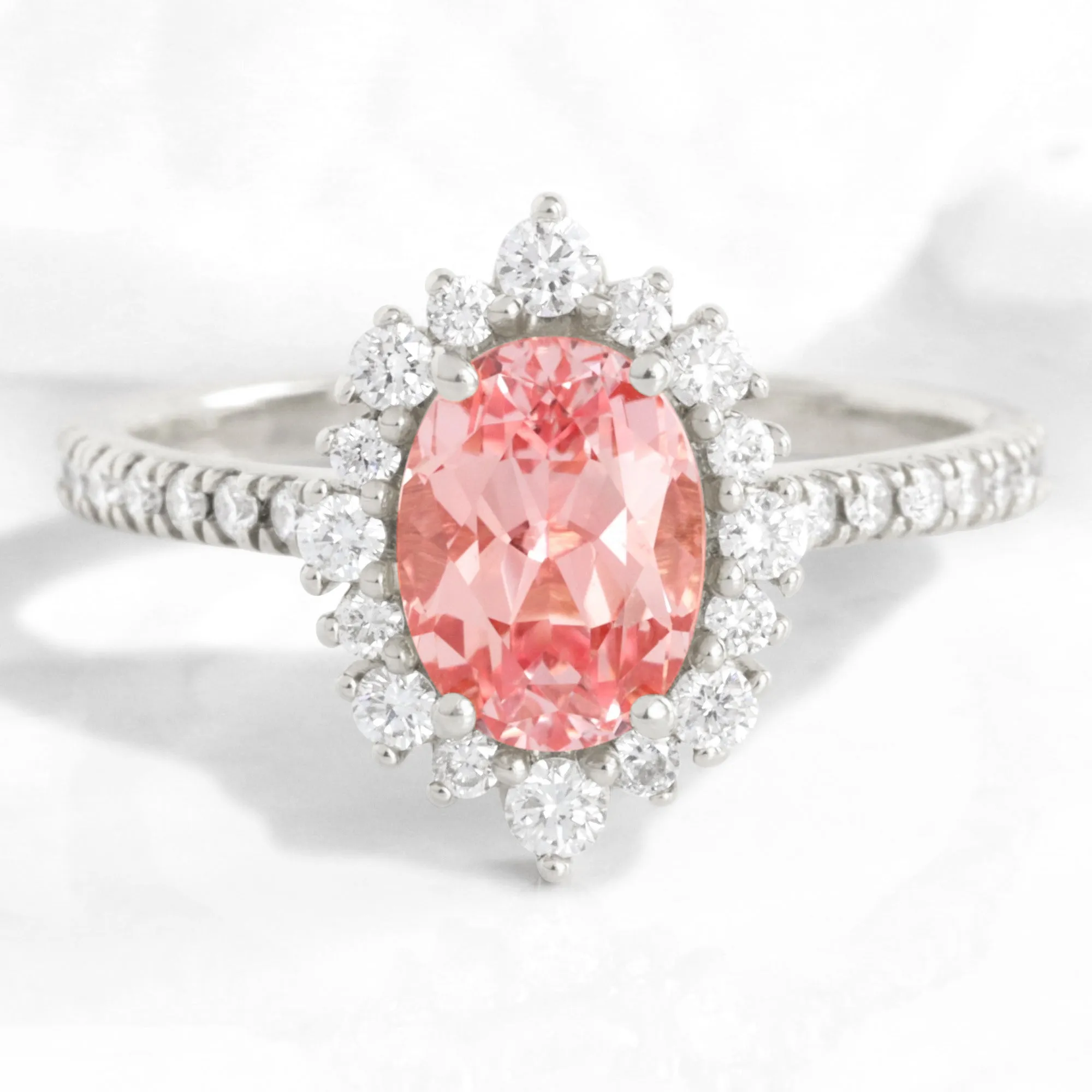 Oval Champagne Peach Sapphire Ring in Tiara Halo Diamond Pave Band