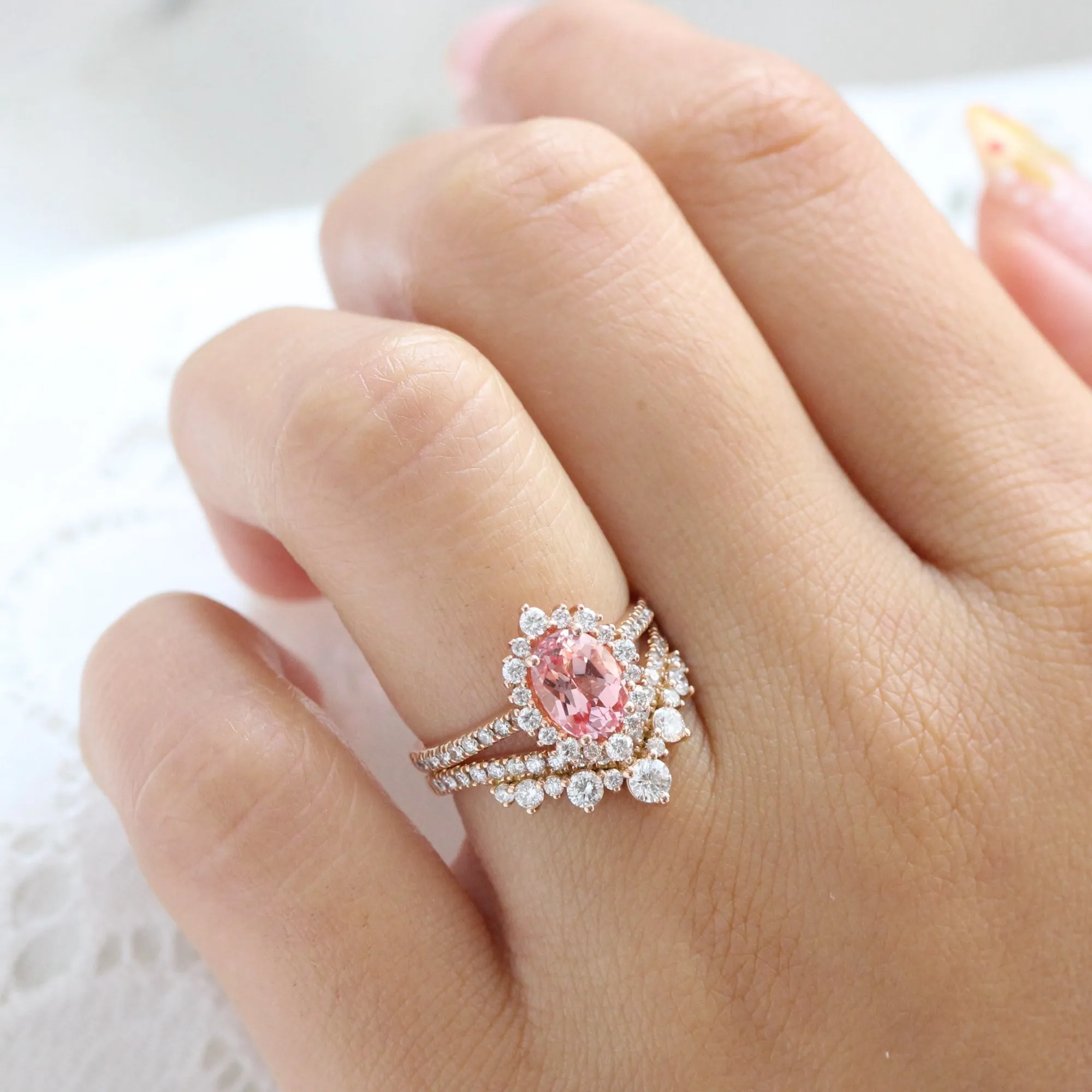 Oval Champagne Peach Sapphire Ring in Tiara Halo Diamond Pave Band