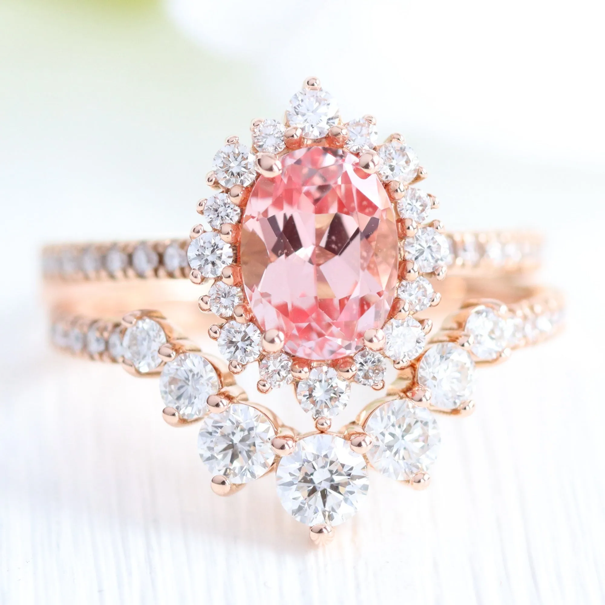 Oval Champagne Peach Sapphire Ring in Tiara Halo Diamond Pave Band