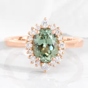 Oval Green Sapphire Engagement Ring in Tiara Halo Diamond Tapered Band