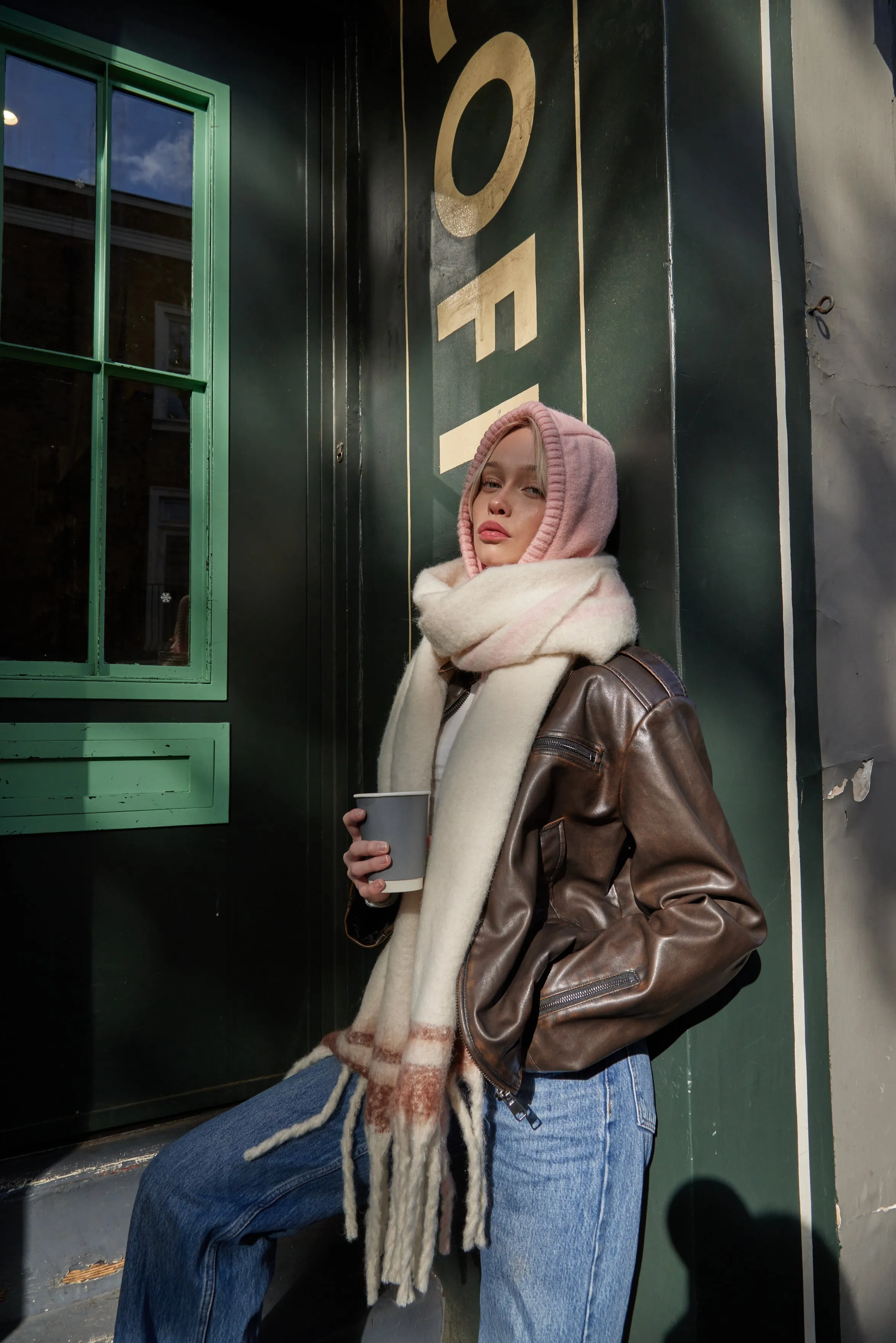 Oversized Chunky Blanket Scarf with Stripe Detail in Cream, Brown and Pink