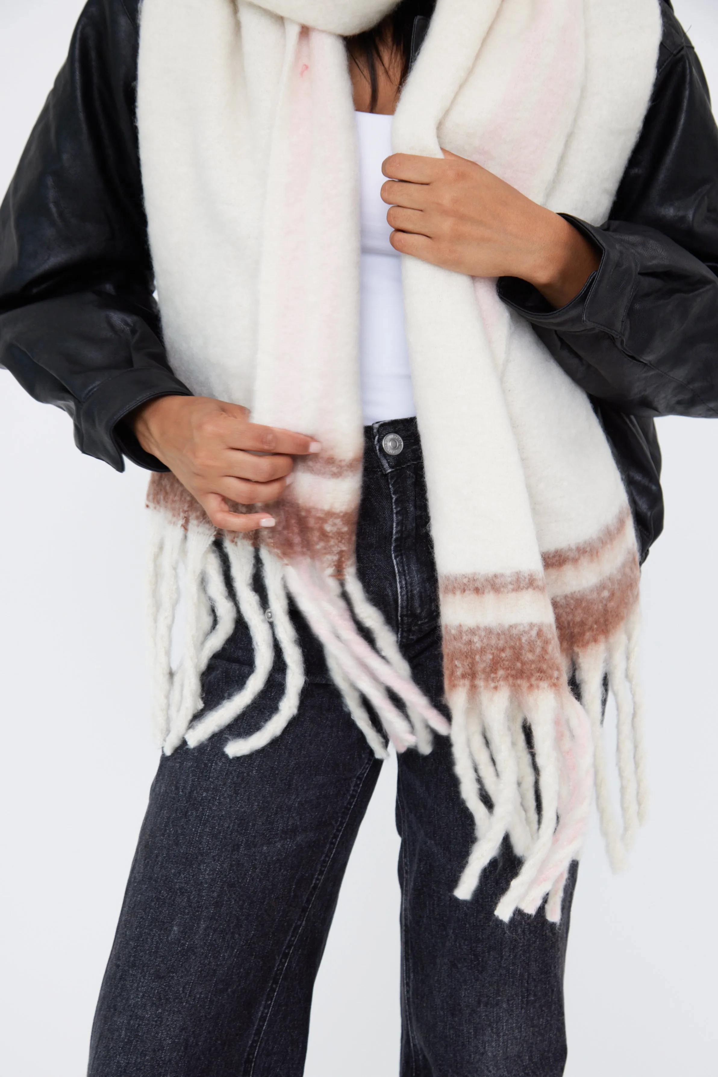 Oversized Chunky Blanket Scarf with Stripe Detail in Cream, Brown and Pink