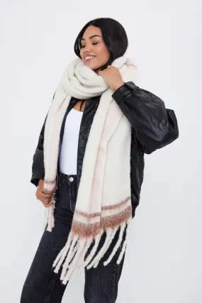 Oversized Chunky Blanket Scarf with Stripe Detail in Cream, Brown and Pink