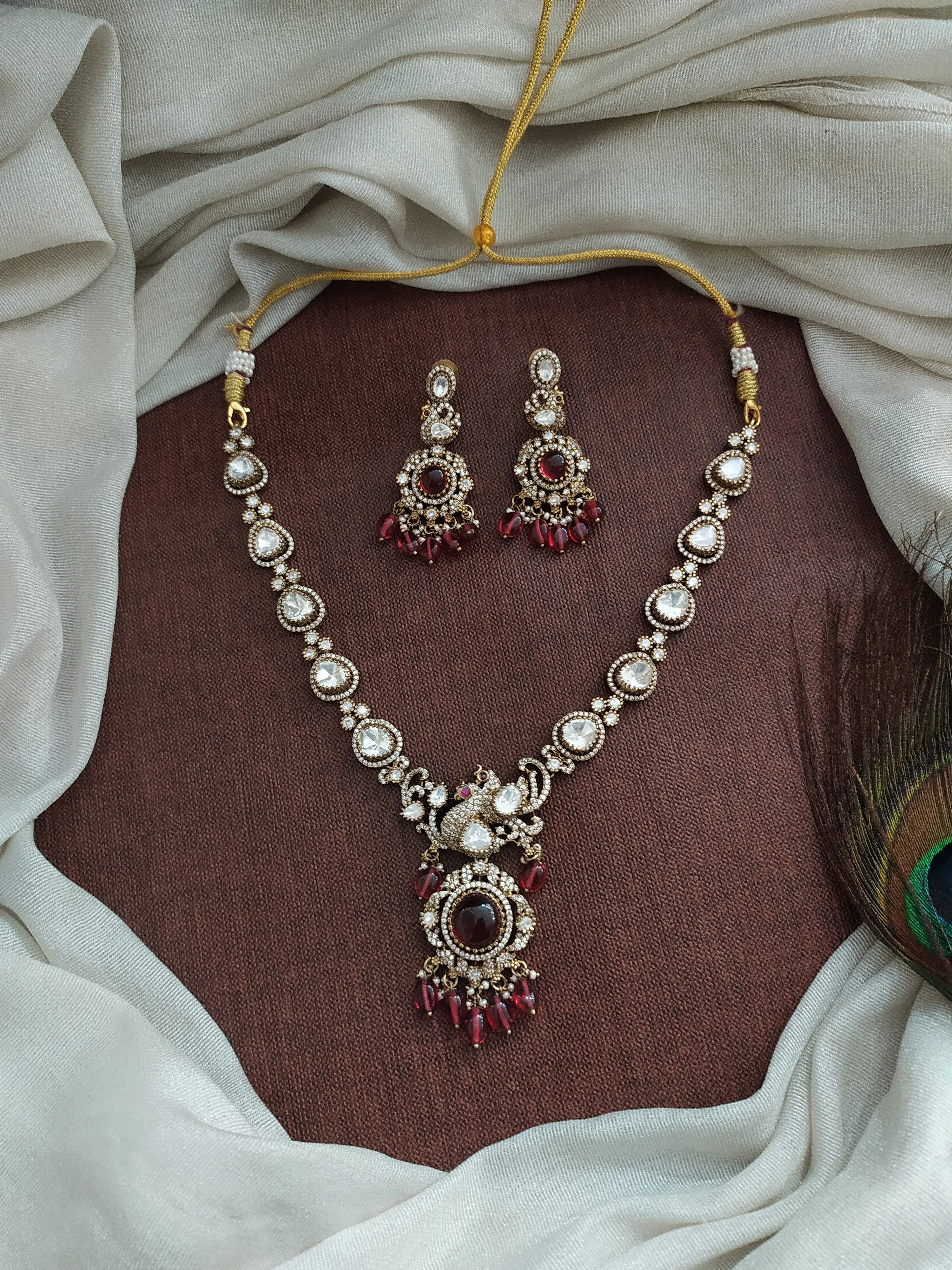 Peacock-Designed Victorian Necklace Set with Moissanite Stones – Available in 3 Trending Colors