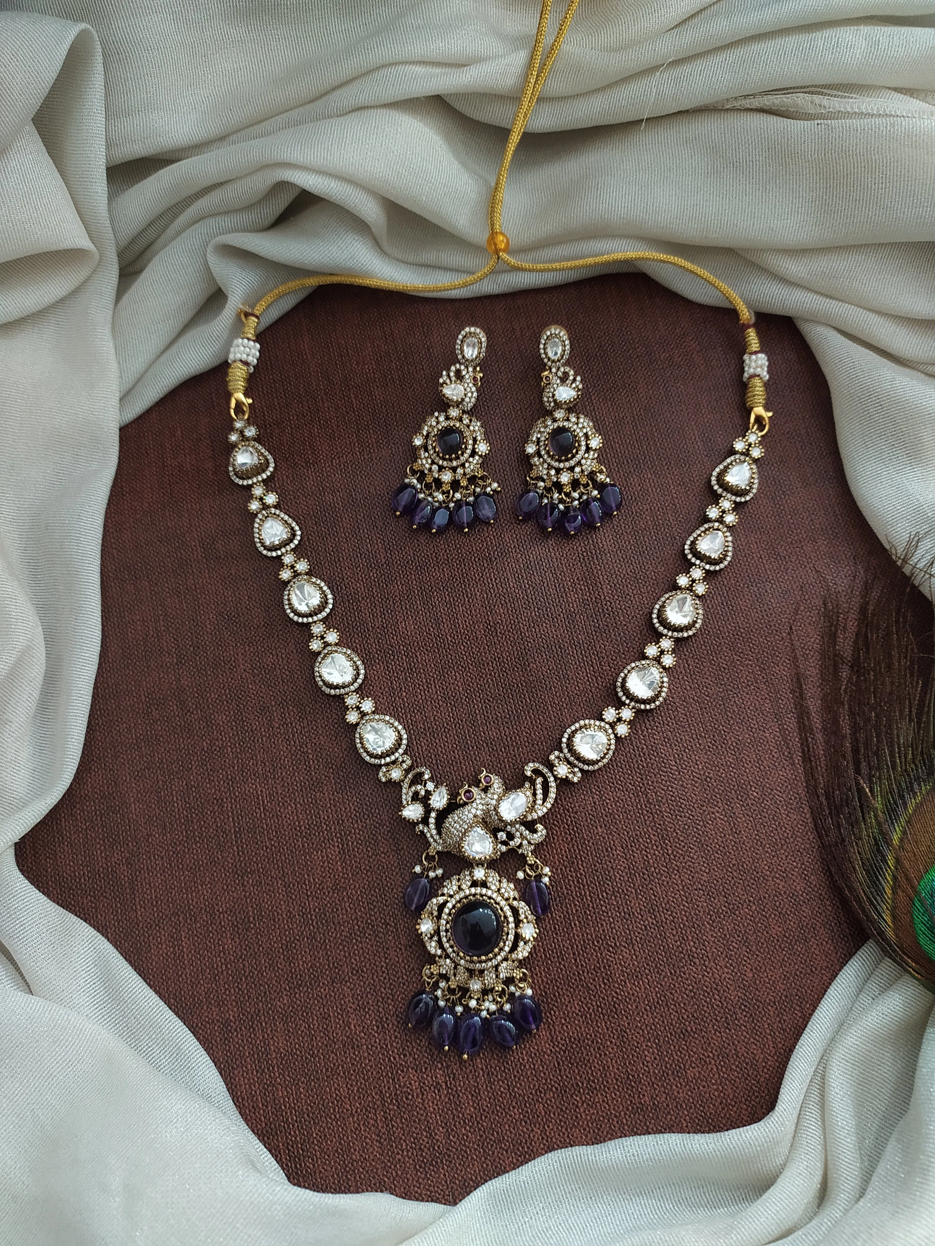 Peacock-Designed Victorian Necklace Set with Moissanite Stones – Available in 3 Trending Colors