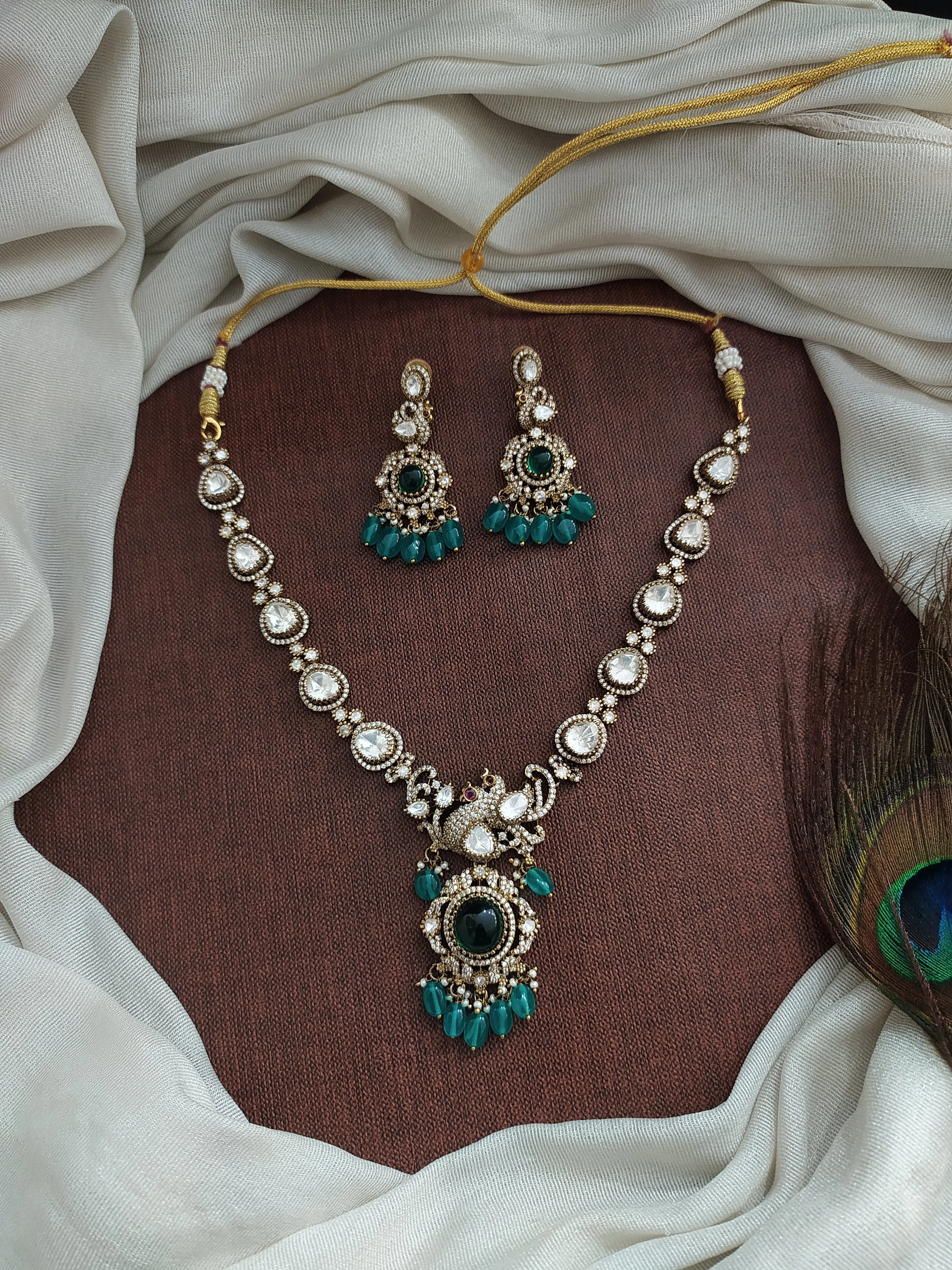 Peacock-Designed Victorian Necklace Set with Moissanite Stones – Available in 3 Trending Colors